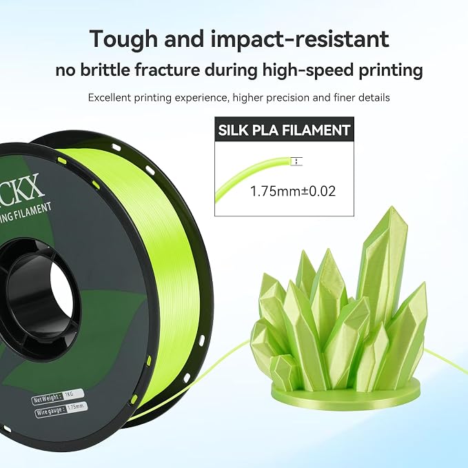 Silk Apple Green PLA 3D Printer Filament, Dimensional Accuracy +/- 0.03 mm, 1 kg Spool(2.2lbs),Silk PLA 1.75 mm Apple Green