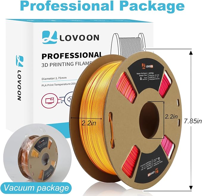 LOVOON 3D Printer Filament Tricolors, Color Change by Angle PLA Filament 1.75mm, Silk PLA Filament, Gold Red Purple Three Colors, Most 3D Printer and 3D Pen Compatible, 1KG(2.2lbs)/Spool