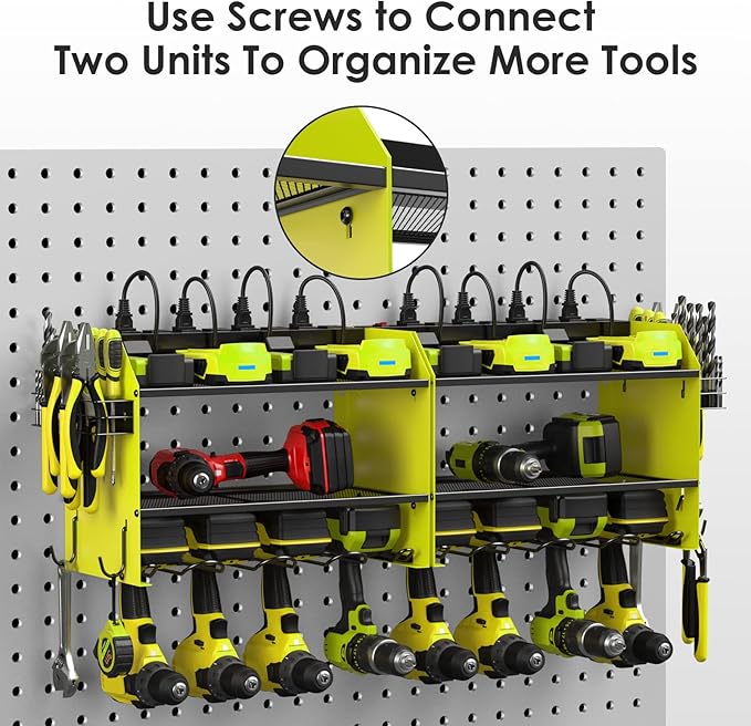 CCCEI Wall Mount Modular Tool Charging Organizer, Green, 1 Pack, 3 Tier. | Drill Battery Storage Rack with Hooks, Garage Workshop, Gifts for Men, Dad, Husband Anniversary, Birthday, Christmas