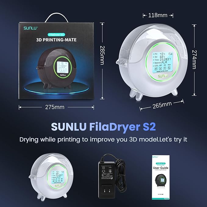 SUNLU Official Filament Dryer S2, for PLA PETG ABS Filament, White | Upgraded 3D Filament Dryer with 360°Heating Fan, Filament Dehydrator, One-Key Set with 4.6" Touch Sreen