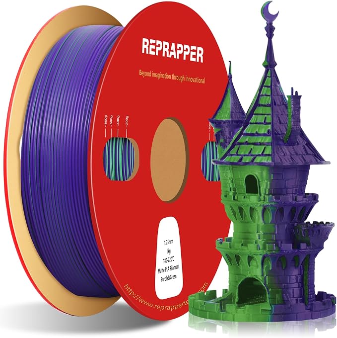 Reprapper Dual Color PLA, Coextrusion Filament 1.75mm for 3D Printer, Multicolor Like Matte Rainbow, 2.2lbs (1kg), Matte PLA Purple & Green
