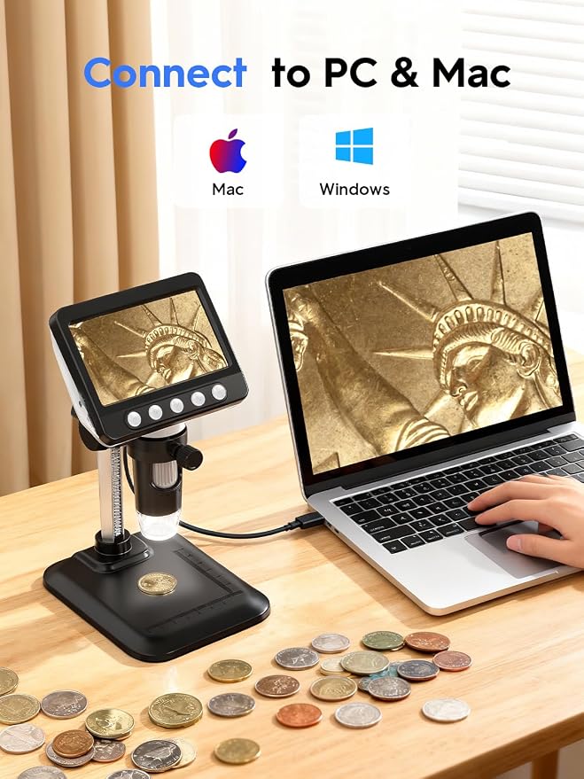 Coin Microscope, 4.3" LCD USB Digital 1000X 1080P Coin Magnifier | 8 Adjustable LED Lights, PC View Compatible with Windows/MacBook for Adults Kids