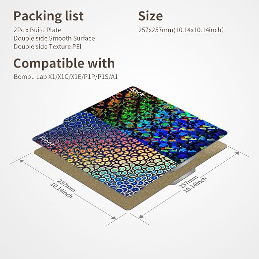 【2pcs with 3 Patterns】Double Sided Smooth PEC PEK Build Plate + Textured PEI Sheet 257x257mm Spring Steel Flexible Print Bed Removable Surface Platform for Bambu Lab X1C/X1/X1E/P1P/P1S/A1 3D Printers