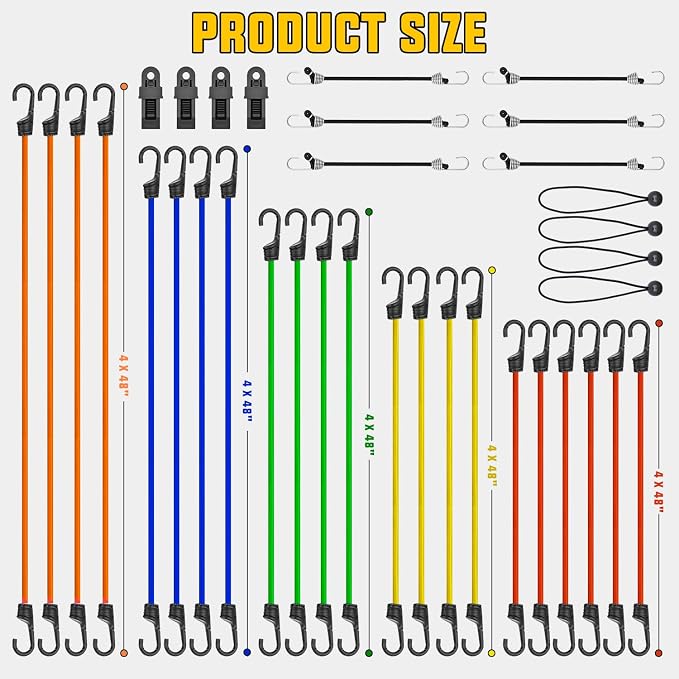 Nilight Ultimate Outdoor Bungee Cord Assortment - Heavy Duty Set of 36 (18" 24" 32" 40" 48") with Hooks for Camping Securing and DIY