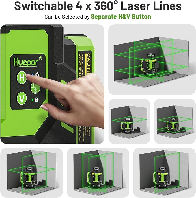 Huepar Laser Level 360 Self Leveling, Rechargeable Green Laser 4x360° Cross Line Lazer Leveler 4D Level Laser Tool for Construction with Two Li-ion Batteries, Magnetic Bracket &Hard Carry Case -LS04CG