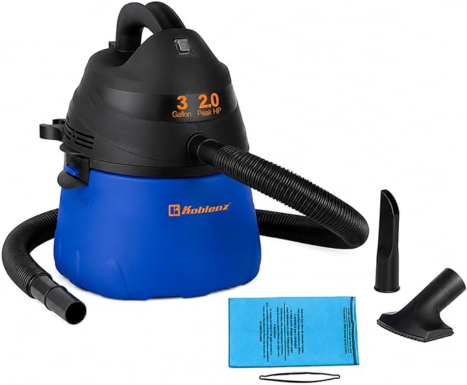 Koblenz Wet Dry Vacuum Cleaner, 3 Gallon 2.0 PHP, Twist-N-Lock Hose, Small Shop Vac, Portable Shop Vac for Home Car Garage Workshop, 10 ft Reach, Accessories Included, Blue/Black, WD-353L