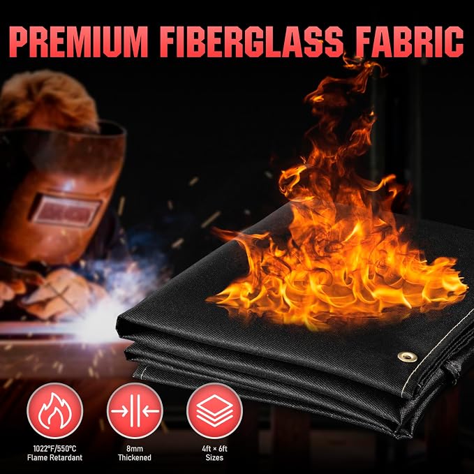 YESWELDER Heavy Duty Silicone Coating Fiberglass Welding Blanket, 4 x 6ft Fireproof Insulation Blanket, 1/3”(8mm) Thickened Weld Cover with Grommets, Thermal Resistant Welding Curtain Mat Grill