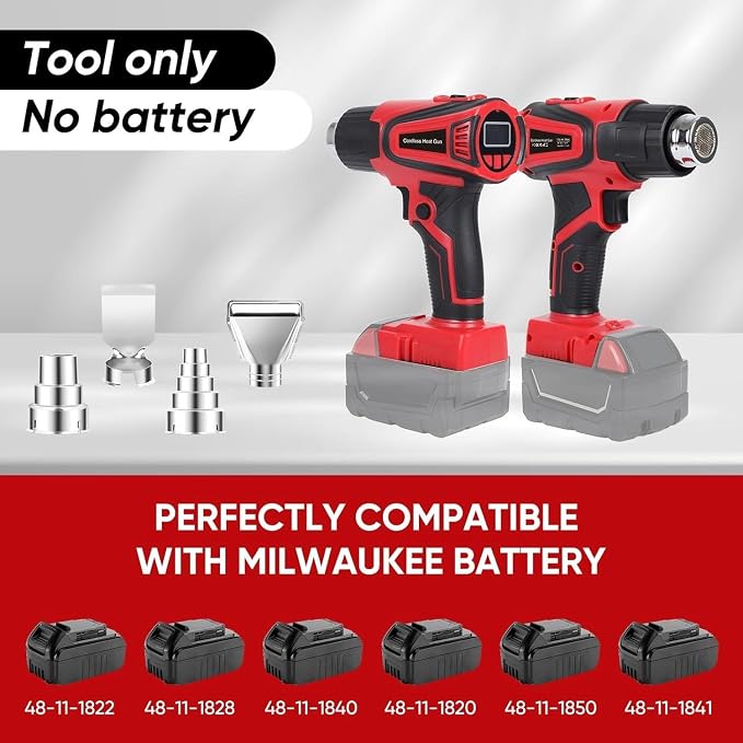 Cordless Heat Gun Compatible with Milwaukee m18 Battery,Adjustable Temp 120℉–1110℉,LED Light,LCD Digital Display,Portable Hot Air Gun 4 Nozzles For Shrink Tubing DIY (Tool Only, Not Made by Milwaukee)