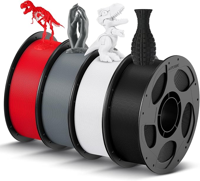 ANYCUBIC PLA Filament 1.75mm Bundle, 3D Printing PLA Filament 1.75mm Dimensional Accuracy +/- 0.02mm, 1KG Reusable Spool (2.2 lbs), 4KG Black + White + Texture Grey + Red