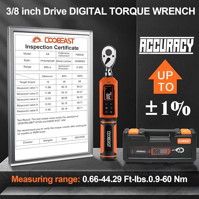 coobeast Digital Torque Wrench, 3/8 Drive Electronic Torque Wrench Set with Preset Value(0.66-44.29 Ft-lbs./0.9-60Nm), Buzzer and LED Flash Five Units of Measure Torque Wrench for Bicycle, Bike