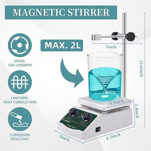 300℃/ 572℉ Magnetic Stirrer Hot Plate 2L Heated Mixer 2000RPM Lab Stirring W/Support Stand,Stir Bar Recycler Set(Non Digital)