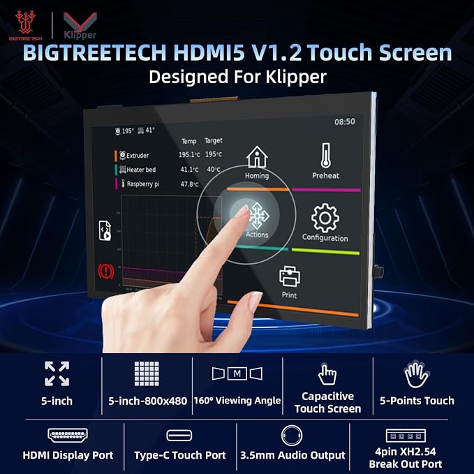 BIGTREETECH HDMI5 V1.2 Touchscreen Monitor 5 inch IPS LCD Display 800×480 for Raspberry-Pi 4B/3B, BTT Pi V1.2/Pi 2 Compatible with SKR Mini E3 V3.0/Octopus/Manta M4P/M5P SKR 3 to Running Klipper