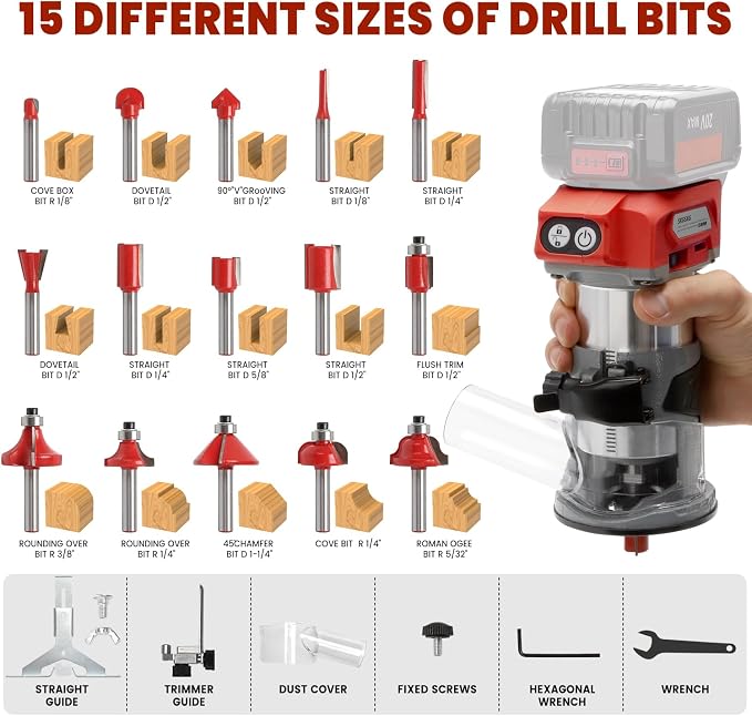 Wood Router with Milwaukee M18 Battery,Router Too for 800W 30000 RPM，5 Variable Speeds Fixed Base Cordless Router,15PCS 1/4" Router Bits【Battery Not Included】