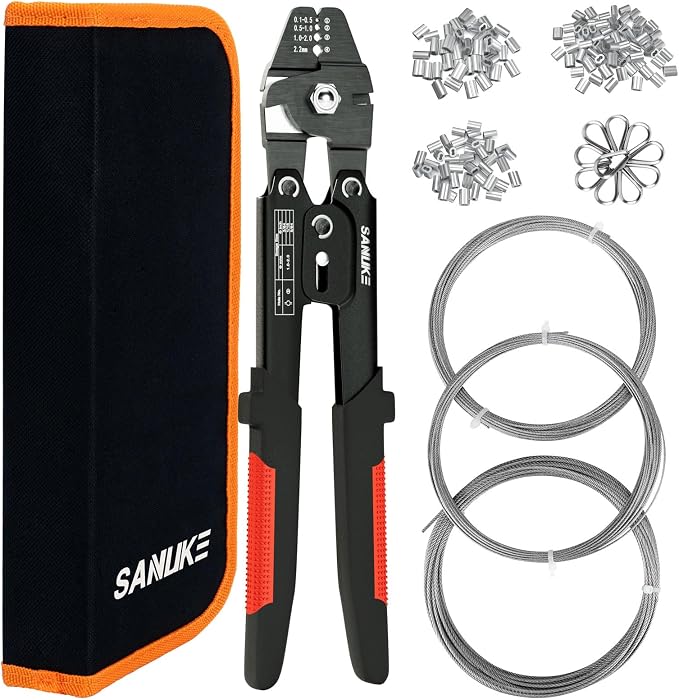 Sanuke Wire Rope Crimping Tool for 3/64 5/64 1/16 Wire Rope with 3 Sizes Stainless Steel Cable, 150pcs Crimping Loop Sleeves, 10pcs Thimbles and A Portable Bag