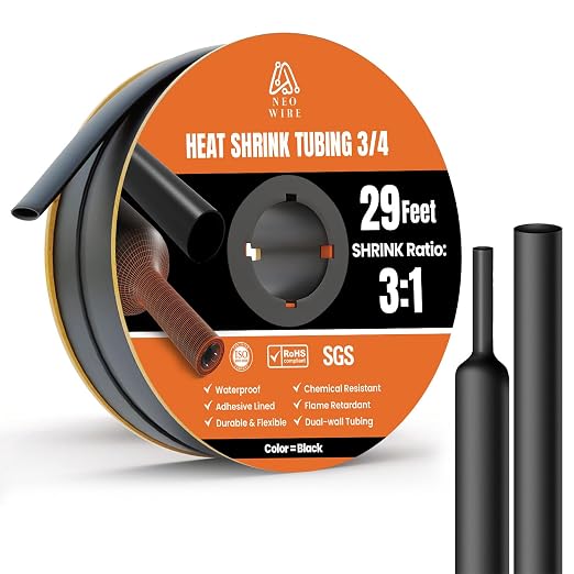 Heat Shrink Tubing 3/4", (19.1mm) 3:1 Ratio Shrink Tube Industrial and Marine Grade, Dual Wall Adhesive Lined Wire Shrink Wrap Tubing, 29 Feet Black Roll