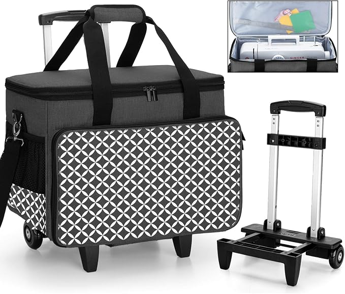 Yarwo Upgraded Rolling Sewing Machine Carrying Case, Detachable Trolley Tote Bag with Removable Bottom Board and Thickened Trailer Leg for Most Standard Sewing Machine and Accessories, Black with Grid