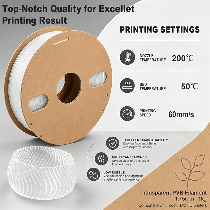Transparent PVB Filament for 3D Printer 1.75mm 1kg 3D Printer Filament Compatible with Most FDM Printers, Easy Surface Smoothing with Ipa Alcohol, PLA-like Printing Performance, Vacuum Sealed