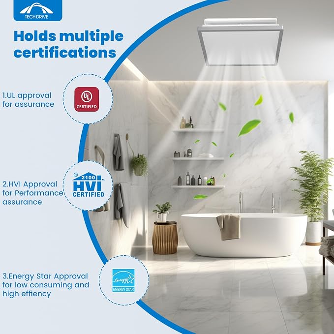 Tech Drive Modern Nickel Bathroom Fan with Light, 80CFM,1.5Sone | 1000lm Dimmable 5CCT LED Light Selectable, Quiet Ventilation fan with night light,Energy Star Certified