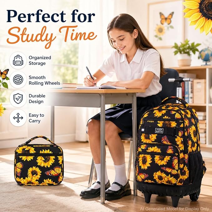 3Pcs Rolling Backpack for Girls Women, Travel Roller Backpacks with Wheels for Adults, Teens College Sunflower Wheeled Bookbag with Lunch Box(Yellow)