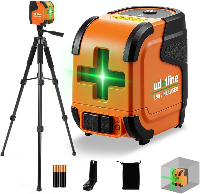 L90 Pocket Green Laser Level, Self Leveling Cross Line Laser with Pendulum Lock, Compact 2 Line Laser Level for Picture Hanging, Cabinets, Tile and DIY Home Projects (L90 with Tripod)