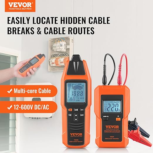 VEVOR Underground Cable Locator, 8 Ft Max Detect Depth Cable Tester, 12 to 600V (NVC) Wire Tracer Break Detector Finder, 6561Ft Detect Length for Electrical Circuits Pipelines Dog Fence Buried Cables