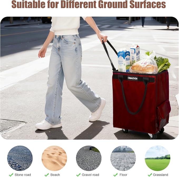 (Medium,Red) Reusable Grocery Bag on 4 Wheels, 70L Foldable Rolling Tote Bag with 3 Handles and Zipper, Rolling Shopping Cart for Groceries, Storage, Laundry, Travel, Organizer, 76lb