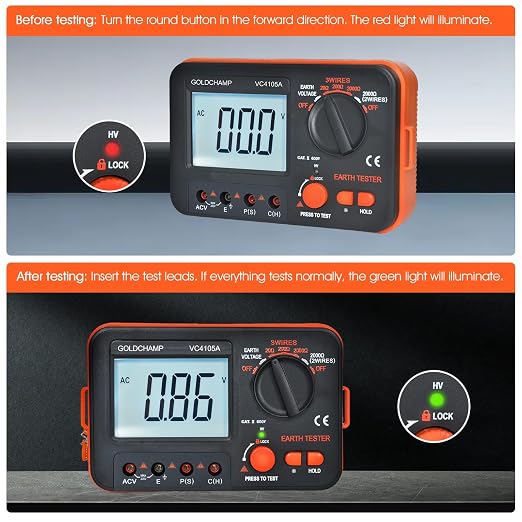 Professional Ground Earth Resistance Tester, 20/200/2000Ω Digital Meter with AC Voltage, Backlight LCD Display, Data Hold & Overload Protection, Safety Tester for Electricians, HVAC & Workers