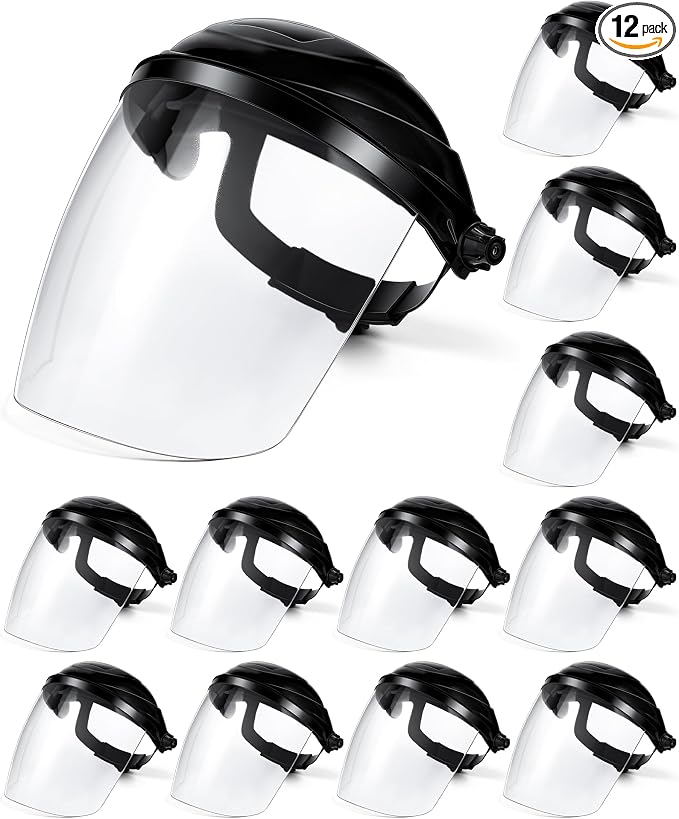 Tellegloww 12 Pack Safety Face Shield for Grinding and Cutting, Full Impact Resistant Face Shield Mask for Work Chemical Woodworking (Black)