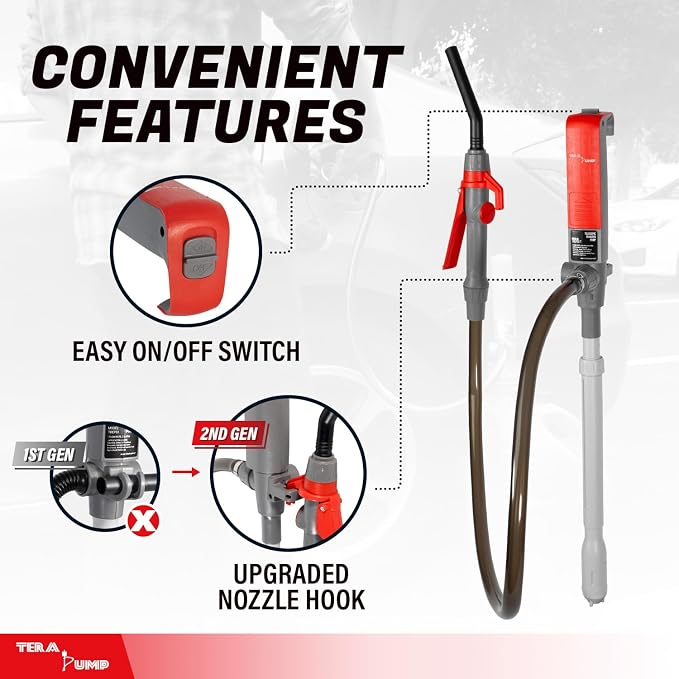 TERA PUMP Fuel Transfer Pump w/Quick Flow Control Nozzle & Telescopic Tube - 3X Powerful D Battery Powered, 39" Vinyl Discharge Hose, Portable Battery Pump For Gas, Diesel, Water (2.6 GPM)