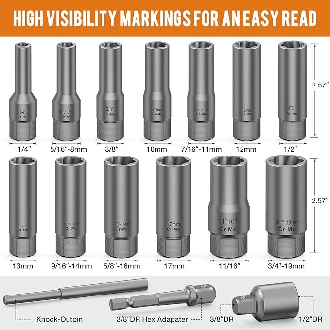 16PCS 3/8" Drive Deep Bolt Extractor Set, Impact Bolt Nut Remover Set, Stripped Lug Nut Extraction Socket Set For Narrow Space Removing Broken, Damaged, Frozen, Rusted, Rounded-Off Bolts, Nuts, Stud