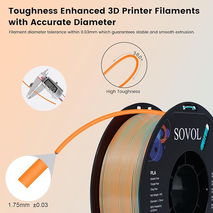 Sovol Dual Color PLA Filament 1.75mm, Silk PLA 3D Printing Material, Dual Color Filament Orange + Light Blue 2 in 1 Coextrusion PLA Filament +/-0.03mm, 1kg/2.2lbs