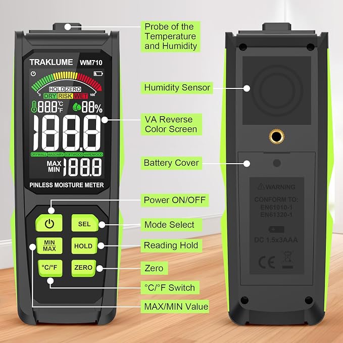 Wood Moisture Meter for Lumber Pinless Moisture Tester for Drywall with Colorful Screen Moisture Reader for House Firewood Moisture Detector for Walls Moisture Sensor for Wood Wall Water Leak Detector