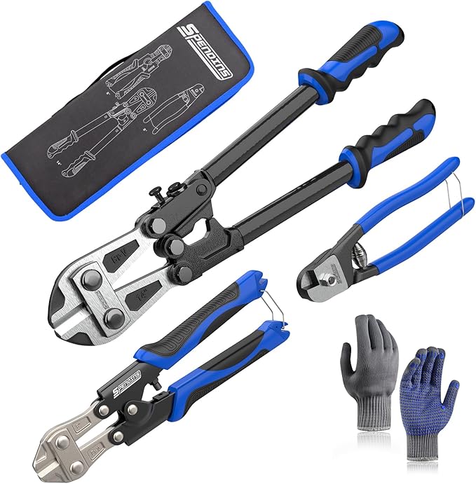3-Piece Bolt Cutter Set, 14" Heavy Duty Bolt Cutters, 8" Mini Bolt Cutters and 8" Wire Rope Cutter with Carrying Case, Ergonomic Handles, Cr-V Blades for Cutting Locks, Chains, Iron Wire