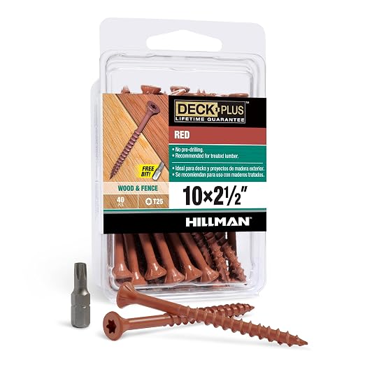 Deck Plus 2-1/2 Inch Epoxy Coated Exterior Wood and Fence Screws #10 x 2-1/2" Torx/Star Drive Included Coarse Thread, Outdoor Rust Resistant Decking Screw, Red, XL Pack, 40 Pieces | 42599