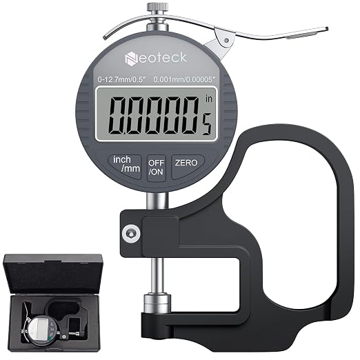 Neoteck Digital Thickness Gauge 0.5inch/12.7mm,0.00005inch/0.001mm LCD Display with Inch/MM Conversion One-Hand Quick Press Thickness Measuring Tool for Leather Paper Fabric Film etc.-Silver-Grey