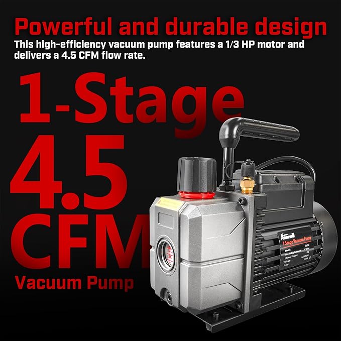 XtremepowerUS 4.5 CFM AC Vacuum Pump & 1/3HP Manifold Gauge Set HVAC Systems Commercial Use Refrigerant Service Kit with Hoses & Can Taps R134, R22, R410a Gauge