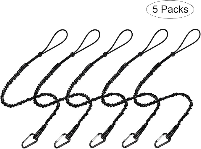 BESNIN Tool Lanyard，5 Pack Safety Tool Leash，Retractable Bungee Cord with Aluminum Lock Carabiner and Adjustable Loop End, Maximum Weight Limit 13.6KG / 30lb, Fall Restraint with Shock Cord Stopper