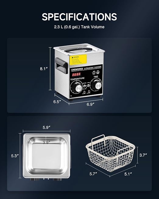 CREWORKS 2L Ultrasonic Cleaner with Degas & Gentle Modes, 60W Stainless Steel Ultrasonic Cleaner Machine with Heater and Timer, Ultrasonic Parts Cleaner with Knob Control for Jewelry Glasses Watch