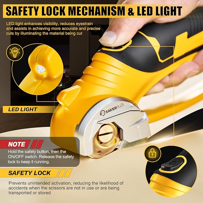 SakerPlus Cordless Electric Scissors, 4V Cardboard Cutter, Box Cutter Fabric Scissor with Safety Lock & LED Light, Rechargeable Power Rotary Cutters for Box Carpet Fabric Plastic Leather