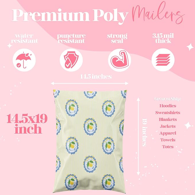 Pretty Package Store 14.5x19 Designer Poly Mailer 100 Pack Heavy Duty Waterproof Self Seal Shipping Bags for Small Business Large Mailing Envelopes Bulk Tear Resistant Packaging Yellow Summer Lemons