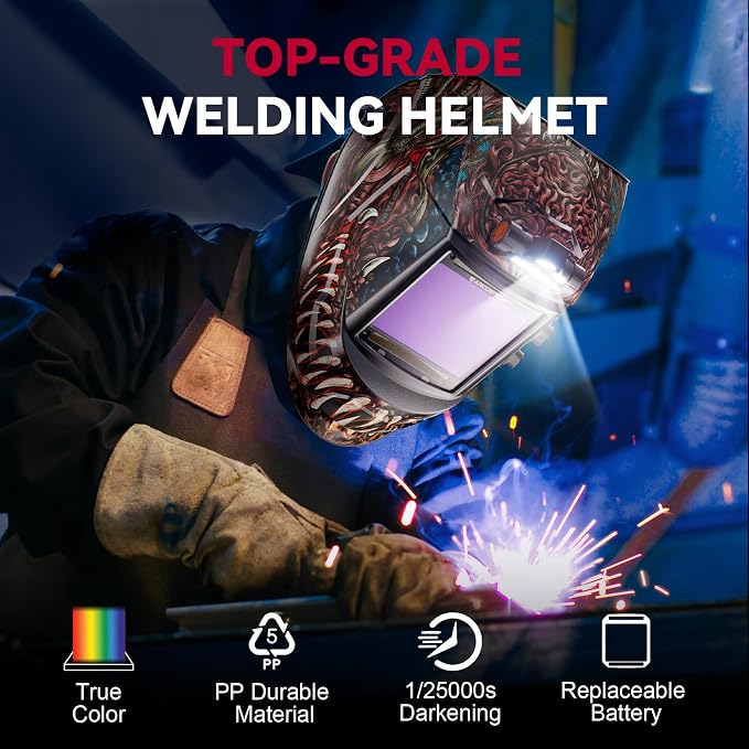 ARCCAPTAIN Large View 3.94" x 3.66" True Color Auto Darkening Welding Helmet with Light, Solar Powered Welding Hood, 4 Arc Sensor Wide Shade 4/5-9/9-13 for Stick MIG TIG Cut, Alien