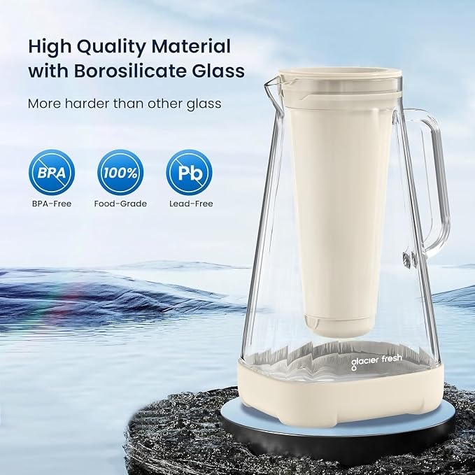 GLACIER FRESH 10 Cup Purela Glass Water Pitcher with 1 Ultrafiltration Membrane and 2 Activated Carbon Filter