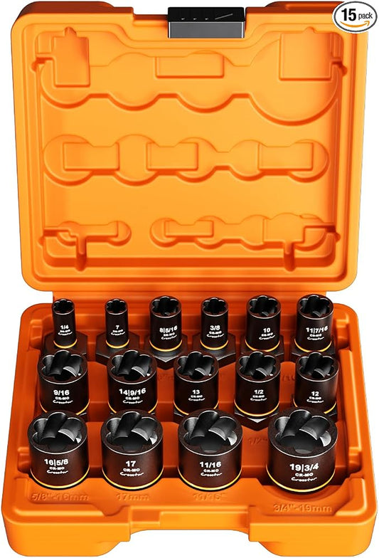 Crosstar 15 PCS Impact Bolt Extractor Set, 3/8" Drive SAE/Metric Cr-Mo Sockets (1/4"-3/4") for Stripped, Rusted, Frozen & Rounded-Off Bolts, Nuts, Screws & Studs