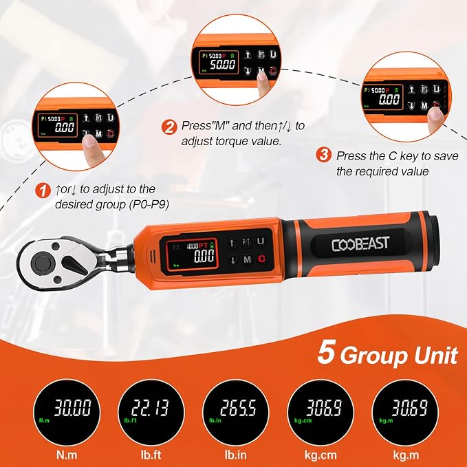 coobeast Digital Torque Wrench, 3/8 Drive Electronic Torque Wrench Set with Preset Value(0.66-44.29 Ft-lbs./0.9-60Nm), Buzzer and LED Flash Five Units of Measure Torque Wrench for Bicycle, Bike
