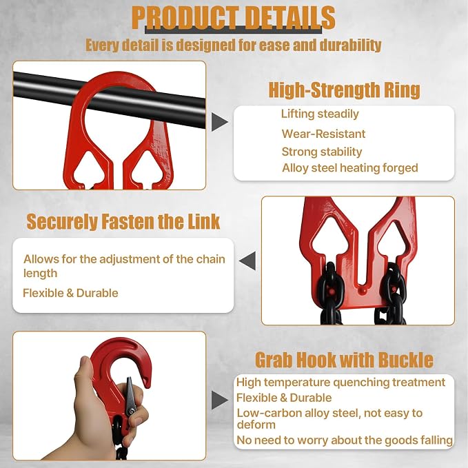 Heavy Duty Lifting Chains with Adjustable Hooks, 5/16 Inch x 10 Ft, Maximum Load 7000lbs, G80 Industrial Dual Leg Chain Slings for Engine Hoist, Lift Heavy Objects