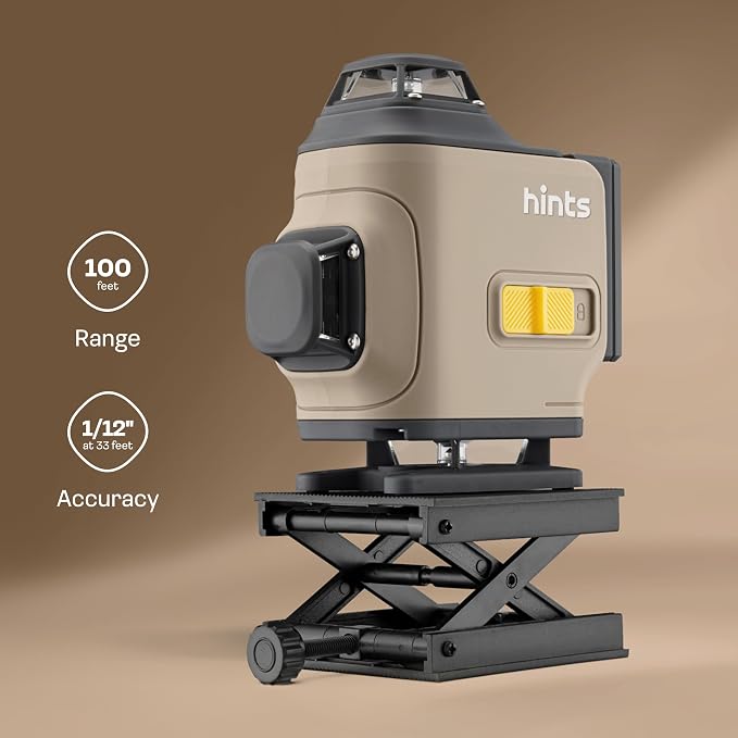 Hints 4D Laser Level Self-Leveling 4x360°, 4 Beams, 100Ft, ±1/12" Accuracy, IP54, Outdoor Pulse Mode, Remote and Gesture Control, Type-C Chargin, Storage Case and Extra Li-ion Battery included