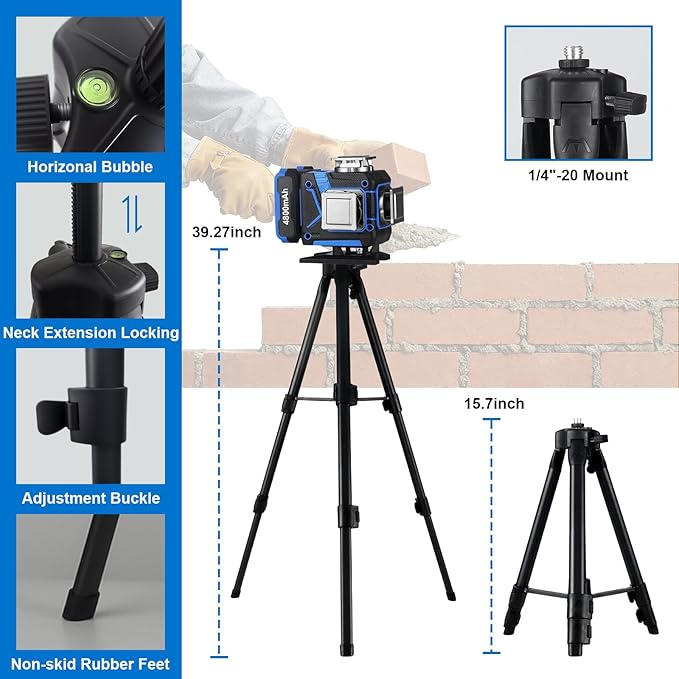 AZZUNO Laser Level with Tripod,4x360° 16 Lines Laser Level 165FT Self Leveling for Outdoor, With Two 4800mAh Rechargeable Li-ion Batteries and Outdoor Receiver, Laser Level Tool for Home Improvement