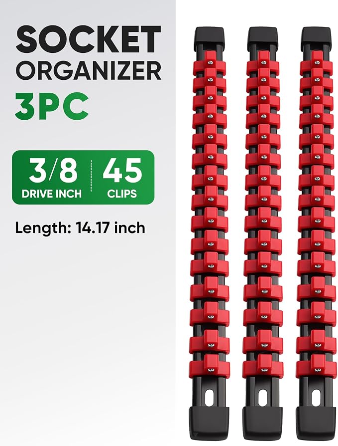 ALOANES 3PC ABS Socket Organizer, Socket Rails Fit 3/8 inch Drive | Portable Heavy Duty Socket Holders Hold up 45 Sockets for Toolbox Drawer Bags(Red)