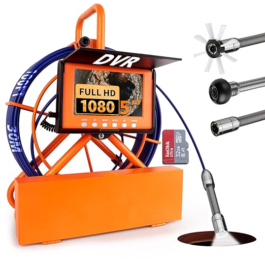 Sewer Camera 100FT/30M Pipe Inspection Borescope Endoscope Camera with Light 6 LEDs 5" IPS Screen 17MM Plumbing Snake 5000 Mah Battery,1080P High-Definition Industrial Sewer Camera