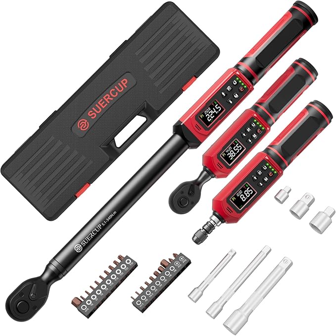 SUERCUP 1/4"&3/8"&1/2" Digital Torque Wrench Set, ±1% accuracy | 0.15-10Nm&0.66-44.29Ft.Lb/0.9-60N.m&3.8-250.8Ft.Lb/5.1-340Nm, 9 presets, 5 units, for Truck, Auto, Moto, Bike, Electronics